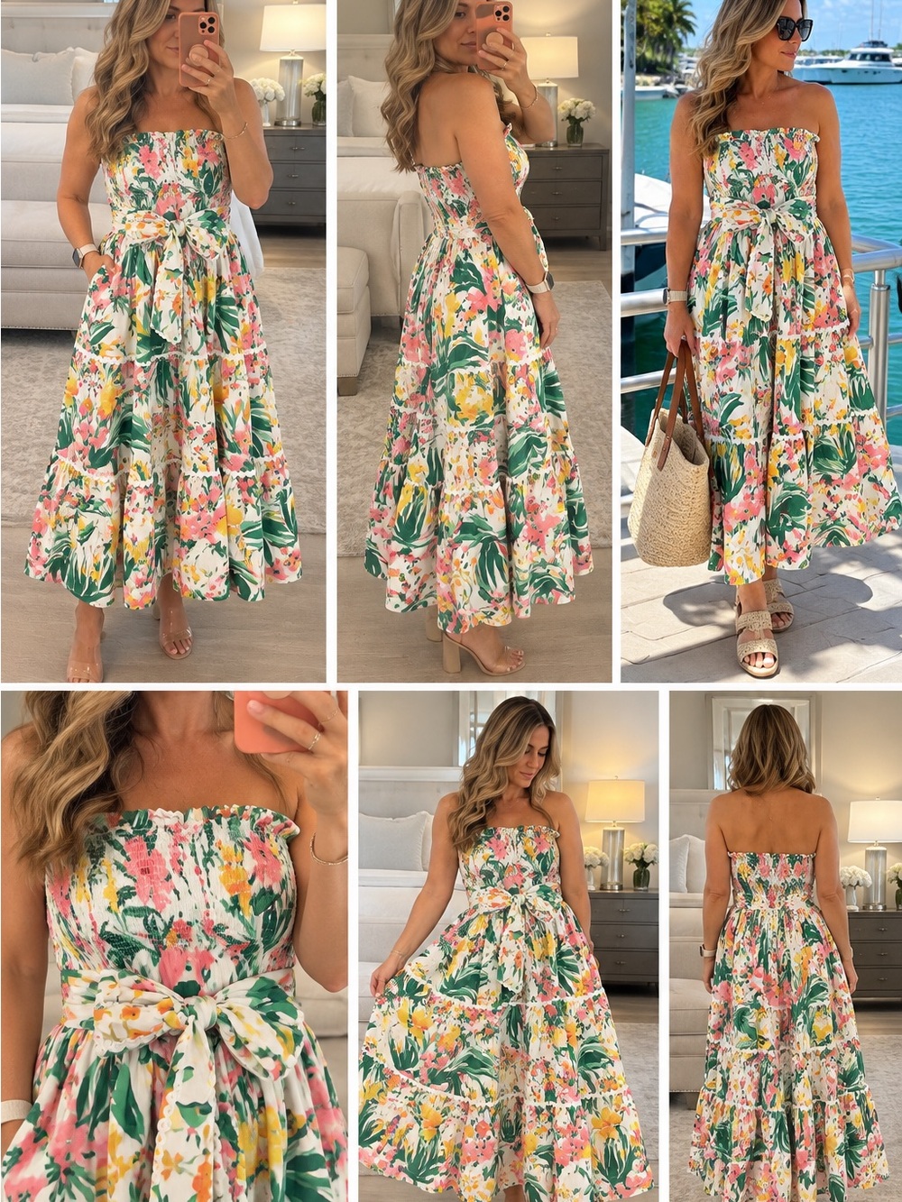 Strapless Floral Midi Dress with Waist Tie - Pink, Green & Yellow